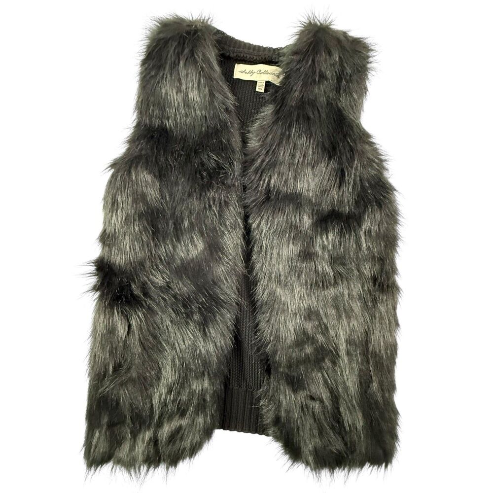 NEW Sebby Collection Black Faux Fur Vest Knit Back Women Medium Festival Retro